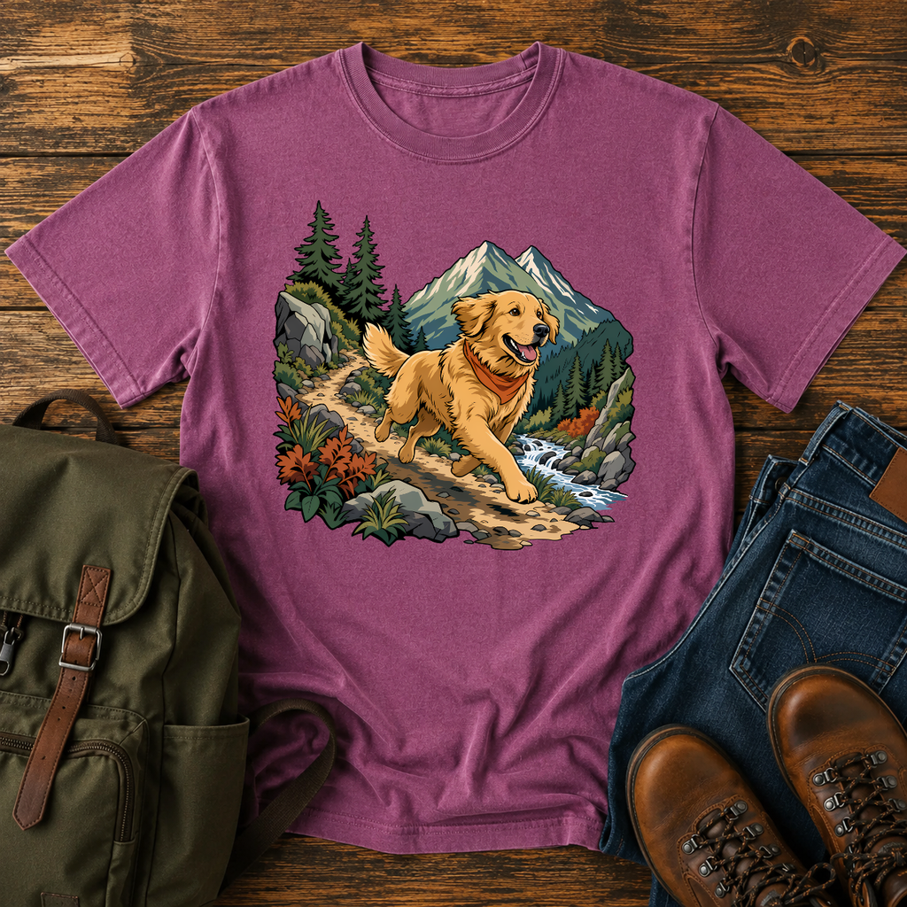 Golden Retriever cresting a mountain switchback trail mid-stride, fine-line national-park-poster illustration with muted watercolor t-shirt design