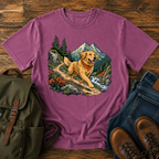 Golden Retriever cresting a mountain switchback trail mid-stride, fine-line national-park-poster illustration with muted watercolor t-shirt design