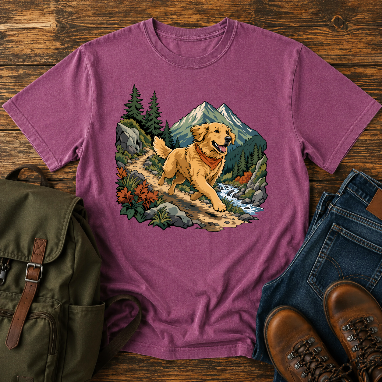 Golden Retriever cresting a mountain switchback trail on a vintage hiking shirt.