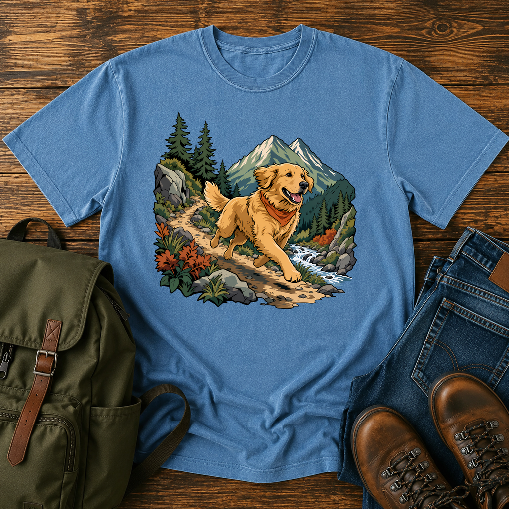 Golden Retriever cresting a mountain switchback trail mid-stride, fine-line national-park-poster illustration with muted watercolor t-shirt design