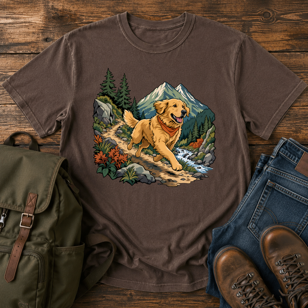 Golden Retriever cresting a mountain switchback trail mid-stride, fine-line national-park-poster illustration with muted watercolor t-shirt design