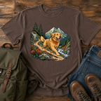 Golden Retriever cresting a mountain switchback trail mid-stride, fine-line national-park-poster illustration with muted watercolor t-shirt design
