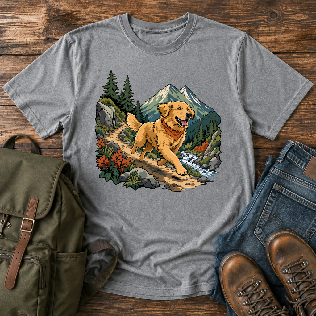 Golden Retriever cresting a mountain switchback trail mid-stride, fine-line national-park-poster illustration with muted watercolor t-shirt design