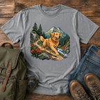 Golden Retriever cresting a mountain switchback trail mid-stride, fine-line national-park-poster illustration with muted watercolor t-shirt design