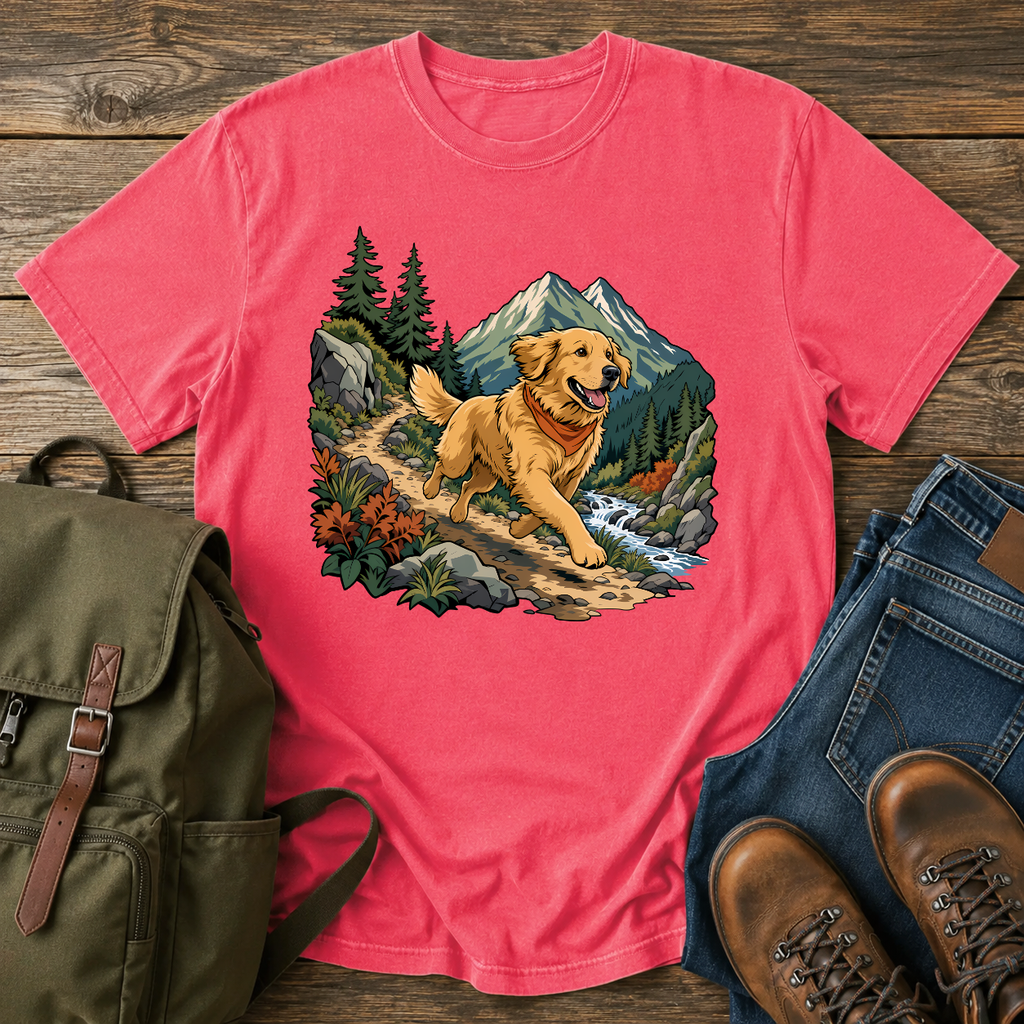 Golden Retriever cresting a mountain switchback trail mid-stride, fine-line national-park-poster illustration with muted watercolor t-shirt design