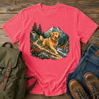 Golden Retriever cresting a mountain switchback trail mid-stride, fine-line national-park-poster illustration with muted watercolor t-shirt design