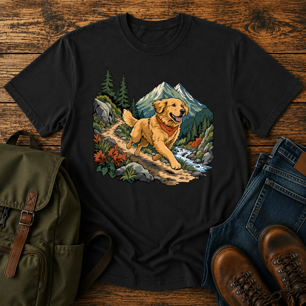 Golden Retriever cresting a mountain switchback trail mid-stride, fine-line national-park-poster illustration with muted watercolor t-shirt design