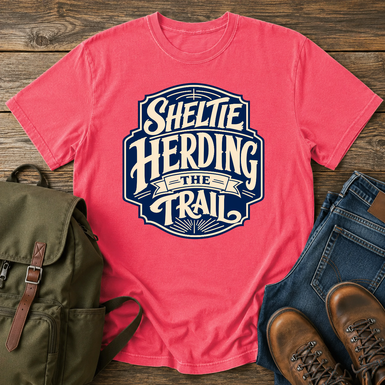 Sheltie Herding The Trail western typography on a trail scout t-shirt.