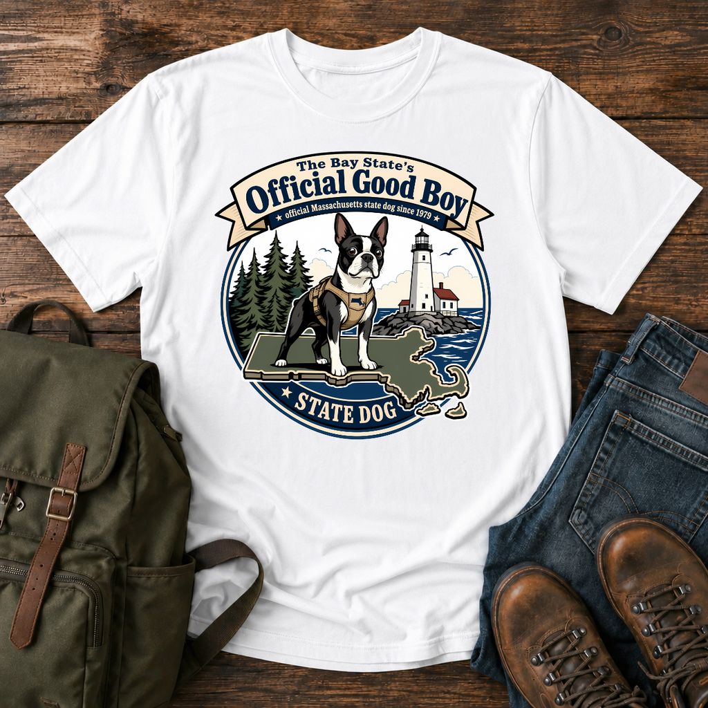 Boston Terrier Vintage-badge lockup: a proud Boston Terrier in a small hiking harness atop t-shirt design