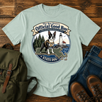 Boston Terrier Vintage-badge lockup: a proud Boston Terrier in a small hiking harness atop t-shirt design