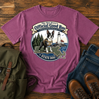 Boston Terrier Vintage-badge lockup: a proud Boston Terrier in a small hiking harness atop t-shirt design