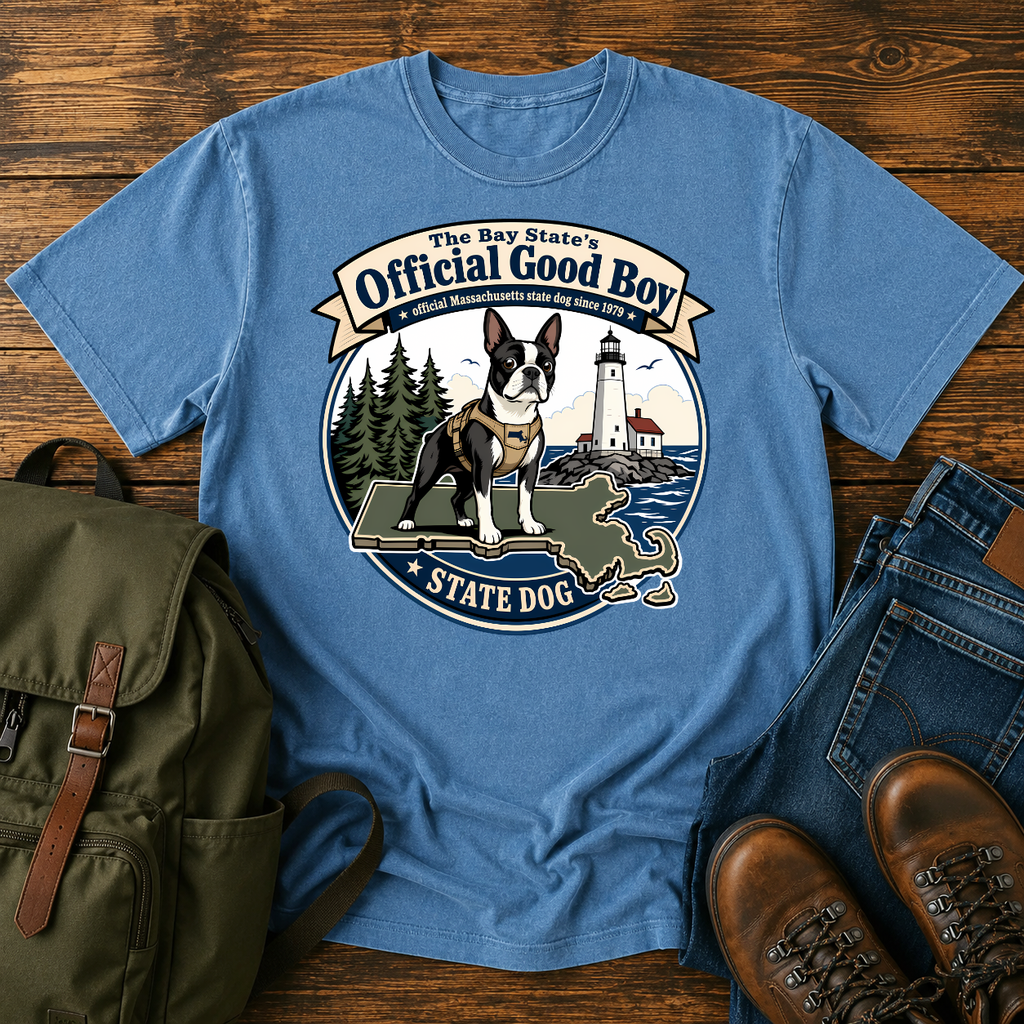 Boston Terrier Vintage-badge lockup: a proud Boston Terrier in a small hiking harness atop t-shirt design