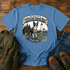 Boston Terrier Vintage-badge lockup: a proud Boston Terrier in a small hiking harness atop t-shirt design