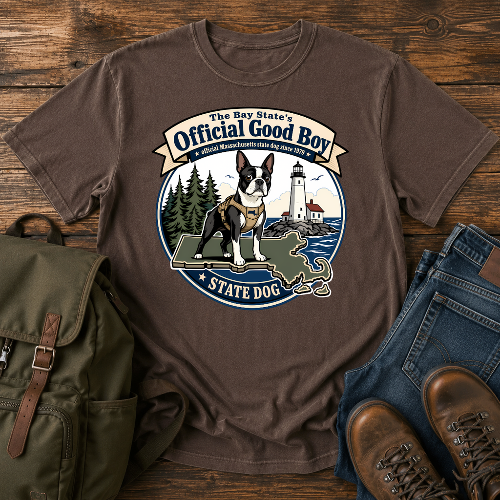 Boston Terrier Vintage-badge lockup: a proud Boston Terrier in a small hiking harness atop t-shirt design