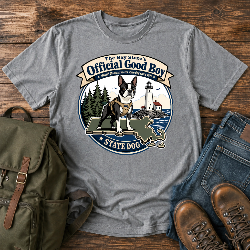 Boston Terrier Vintage-badge lockup: a proud Boston Terrier in a small hiking harness atop t-shirt design