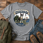 Boston Terrier Vintage-badge lockup: a proud Boston Terrier in a small hiking harness atop t-shirt design