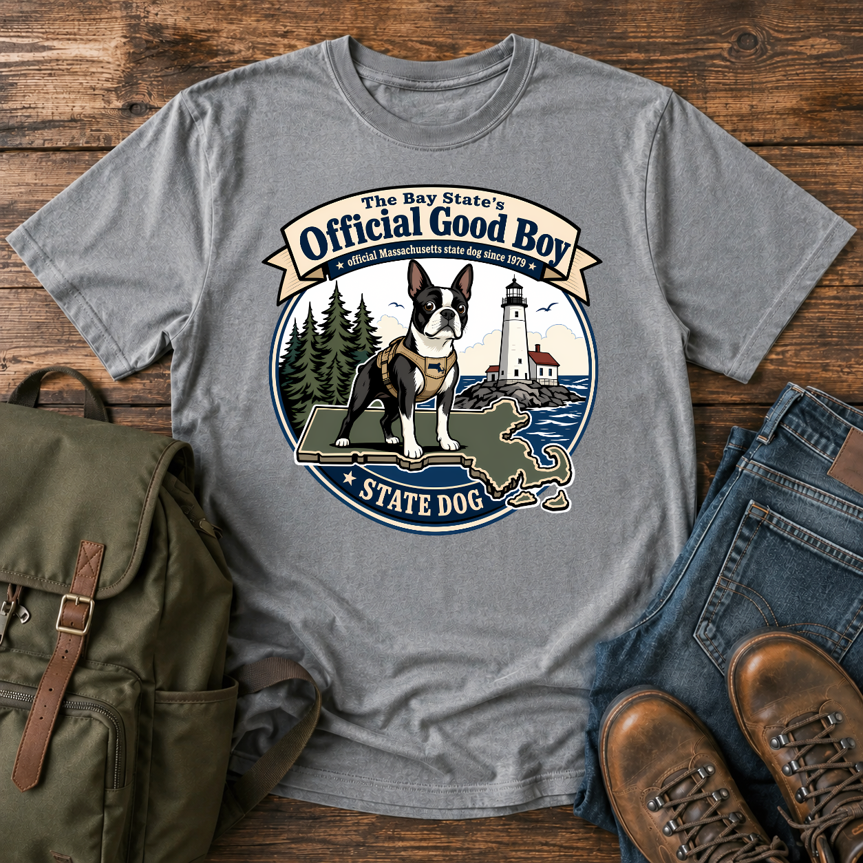 Boston Terrier Massachusetts hiking shirt with state-dog badge, lighthouse, and pine trees.
