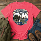 Boston Terrier Vintage-badge lockup: a proud Boston Terrier in a small hiking harness atop t-shirt design