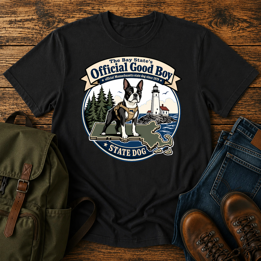 Boston Terrier Vintage-badge lockup: a proud Boston Terrier in a small hiking harness atop t-shirt design
