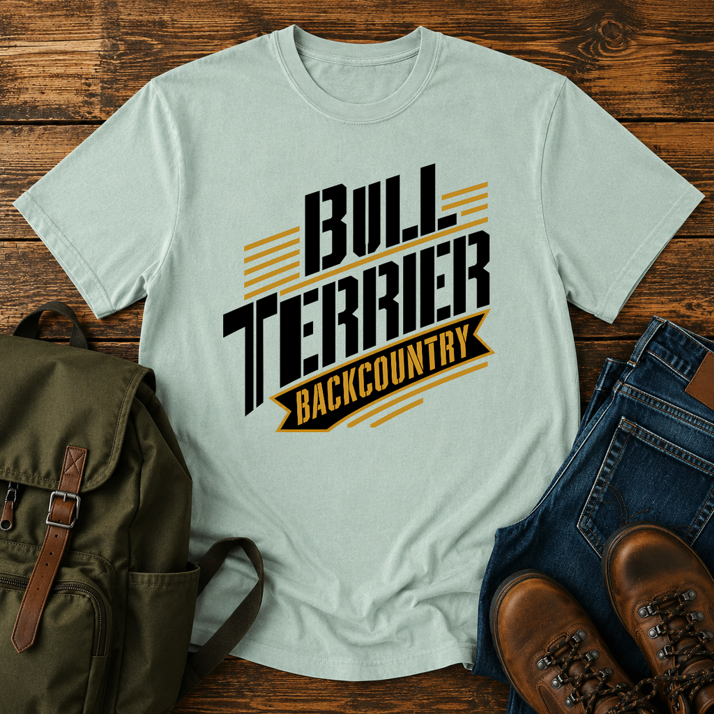 Bull Terrier Text-only typographic lockup reading 'Bull Terrier Backcountry' t-shirt design