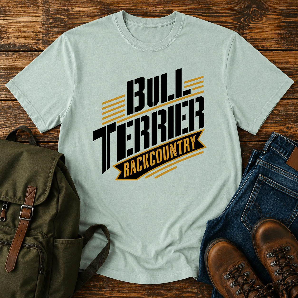 Bull Terrier hiking backcountry typography shirt with rugged black and gold lettering.