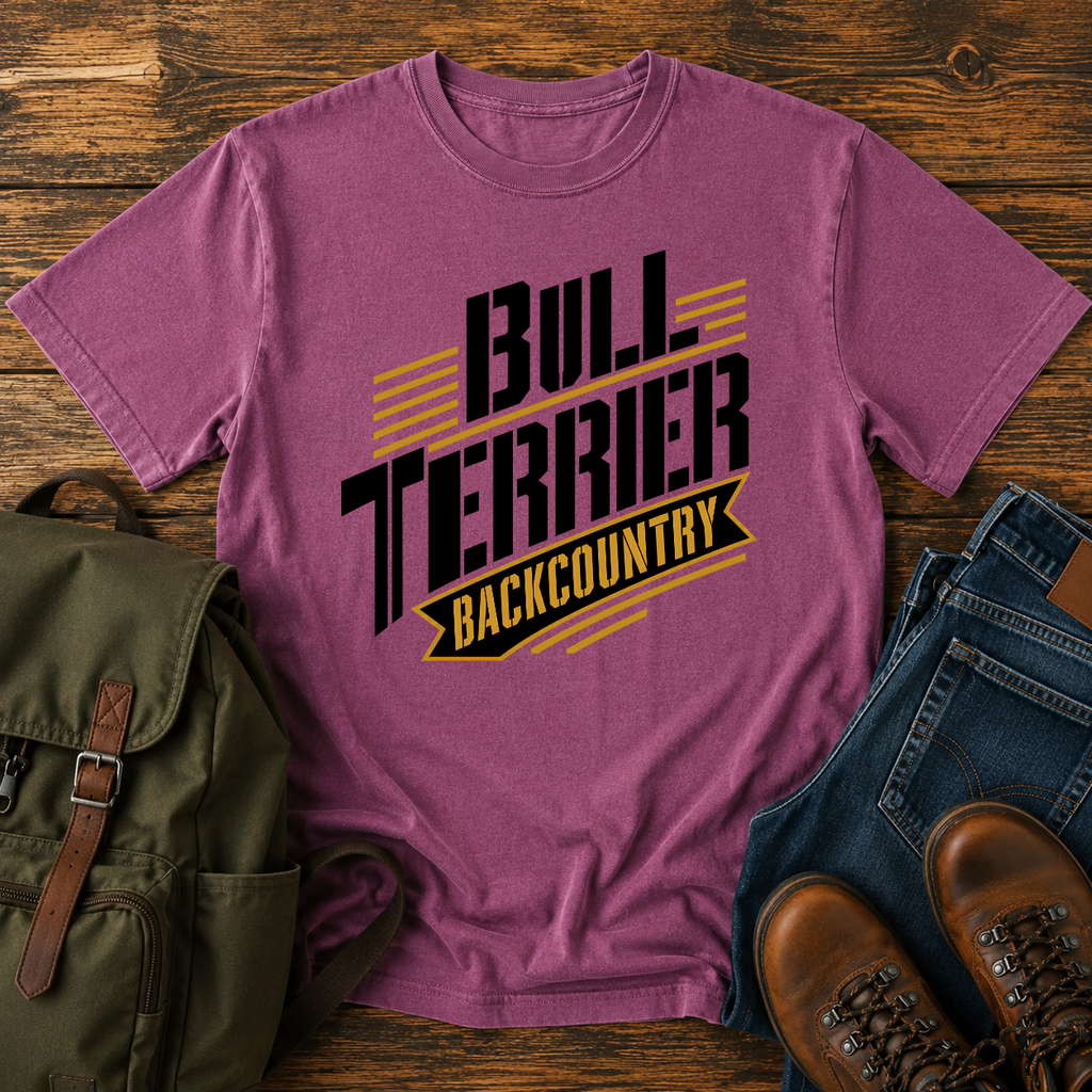 Bull Terrier Text-only typographic lockup reading 'Bull Terrier Backcountry' t-shirt design