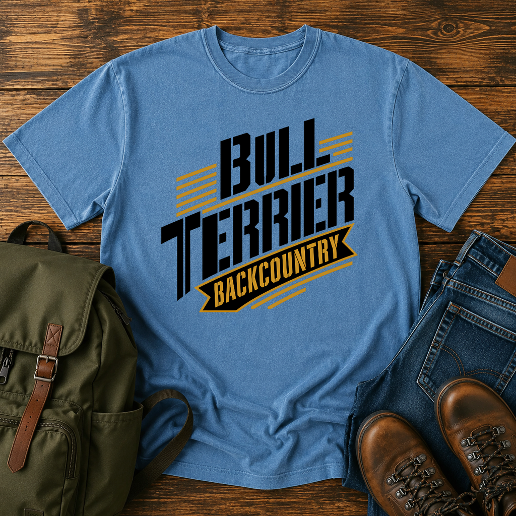 Bull Terrier Text-only typographic lockup reading 'Bull Terrier Backcountry' t-shirt design