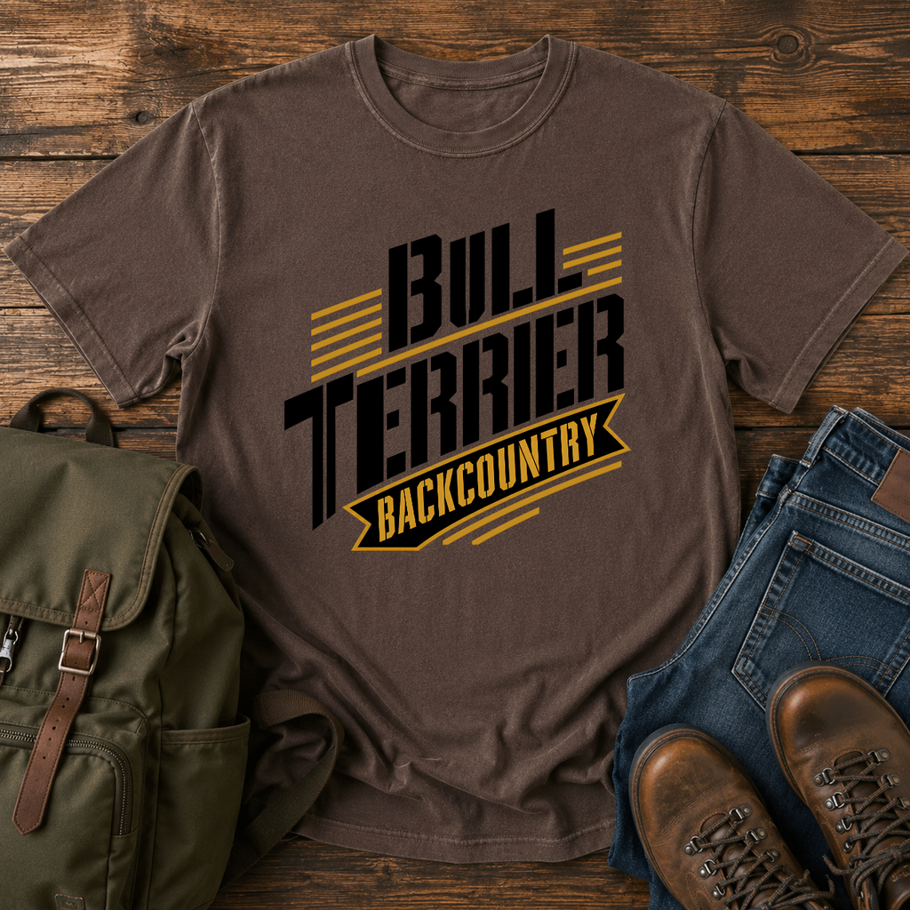 Bull Terrier Text-only typographic lockup reading 'Bull Terrier Backcountry' t-shirt design