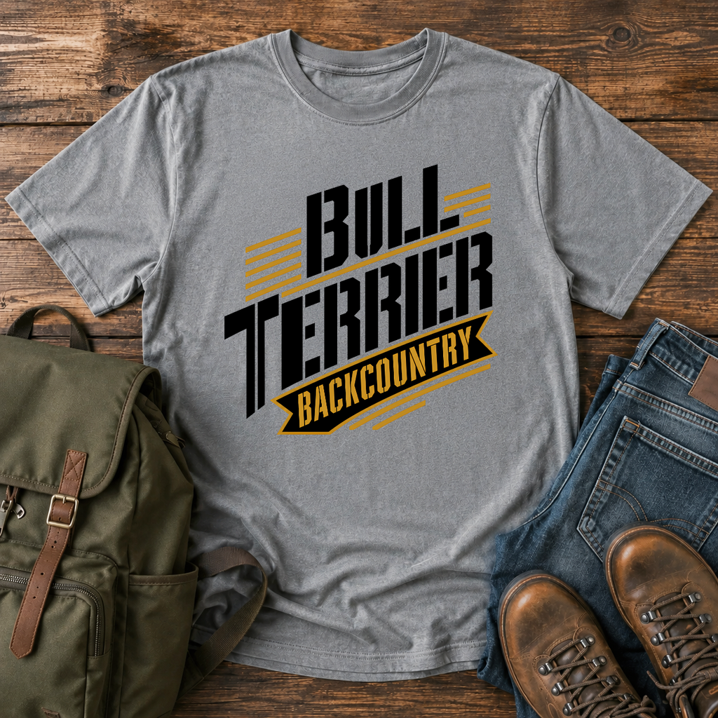 Bull Terrier Text-only typographic lockup reading 'Bull Terrier Backcountry' t-shirt design