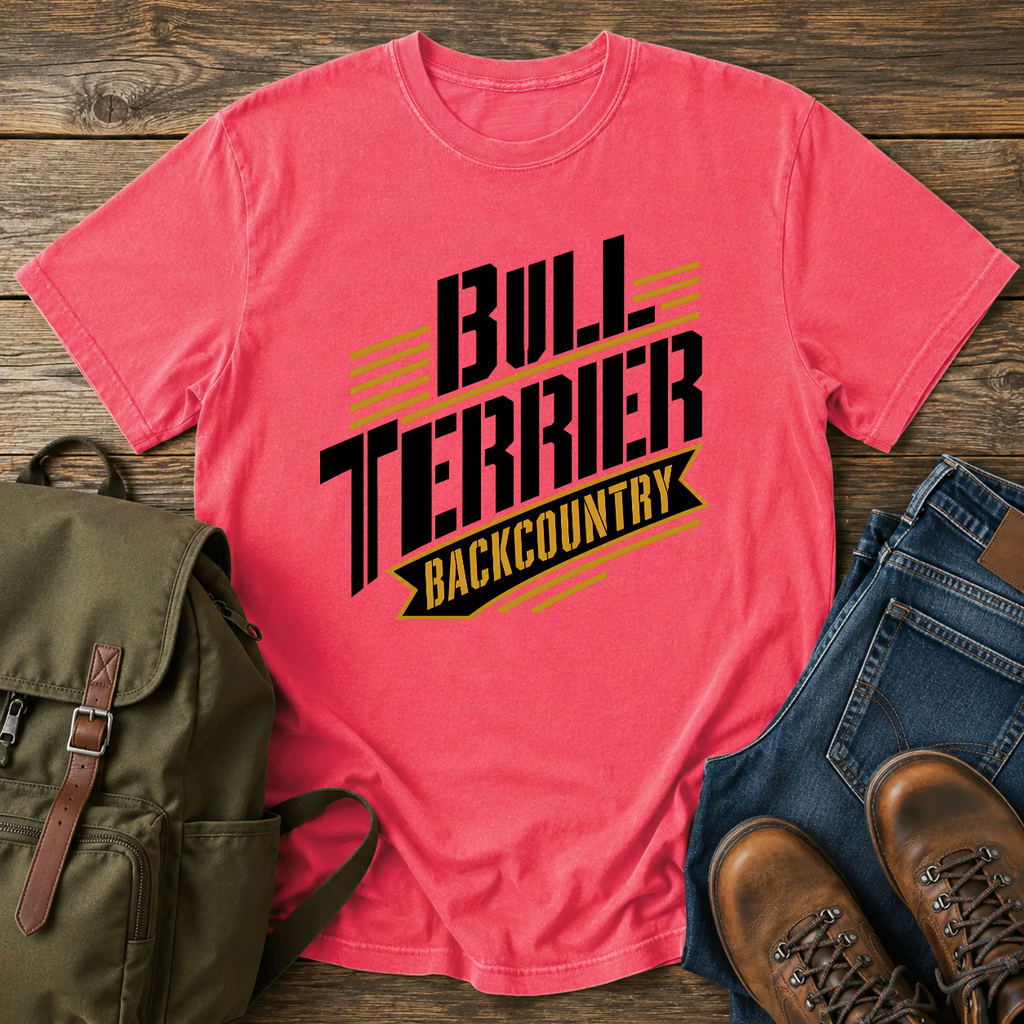 Bull Terrier Text-only typographic lockup reading 'Bull Terrier Backcountry' t-shirt design