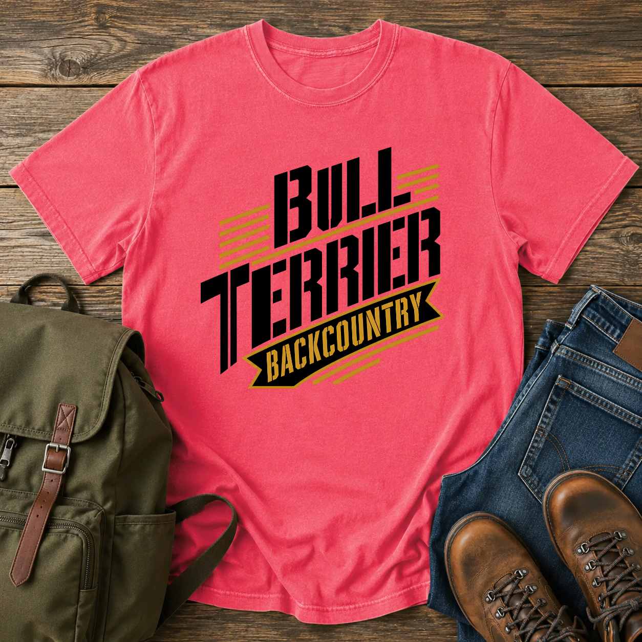 Bull Terrier hiking backcountry typography shirt with rugged black and gold lettering.
