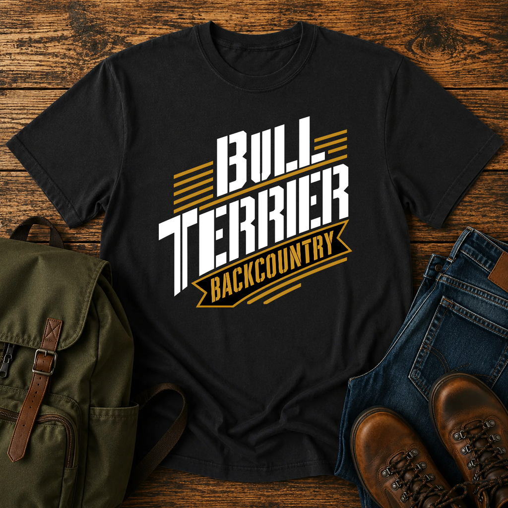 Bull Terrier Text-only typographic lockup reading 'Bull Terrier Backcountry' t-shirt design