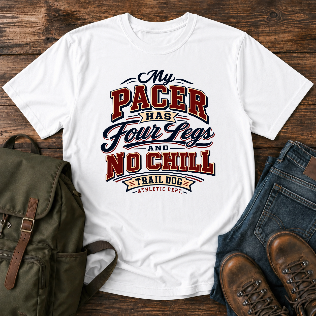 Trail running dog athletic department typography shirt for four-legged pacer owners.