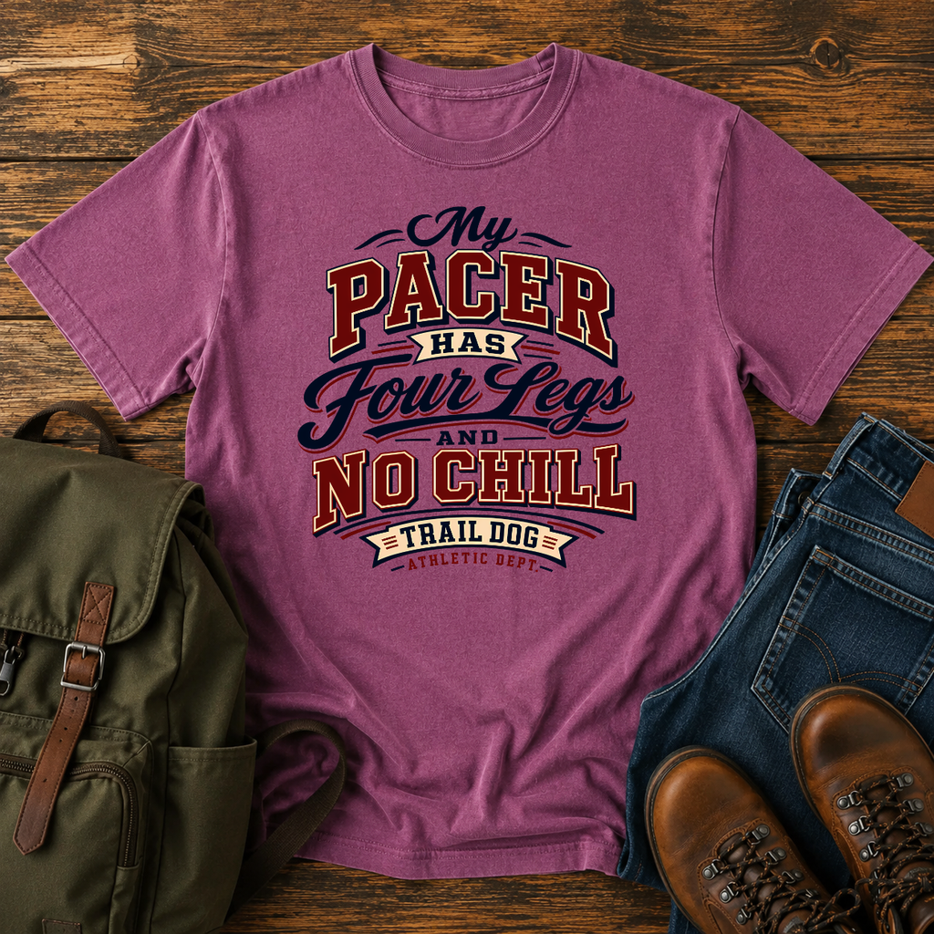 Dog Typographic treatment: collegiate/varsity athletic wordmark, arched primary in a worn varsity serif t-shirt design