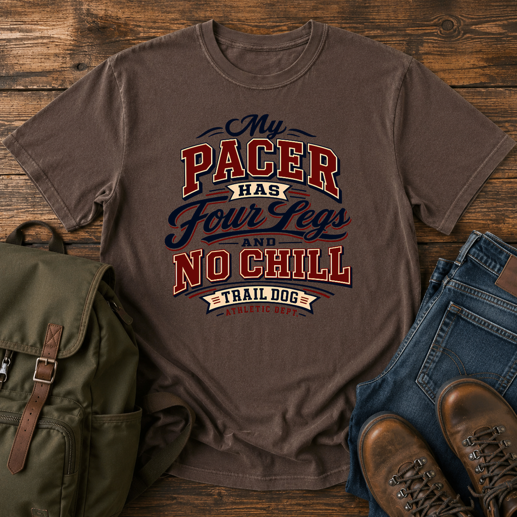 Dog Typographic treatment: collegiate/varsity athletic wordmark, arched primary in a worn varsity serif t-shirt design