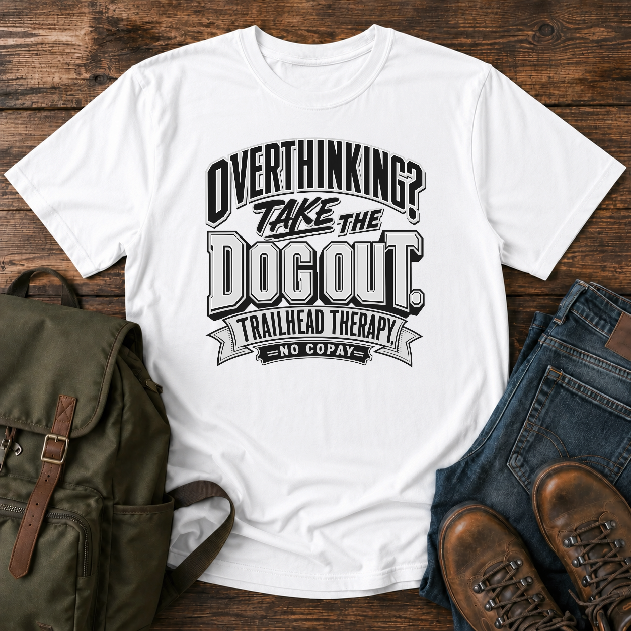 Dog Typographic lockup: OVERTHINKING? set as a bold condensed top line, TAKE THE t-shirt design