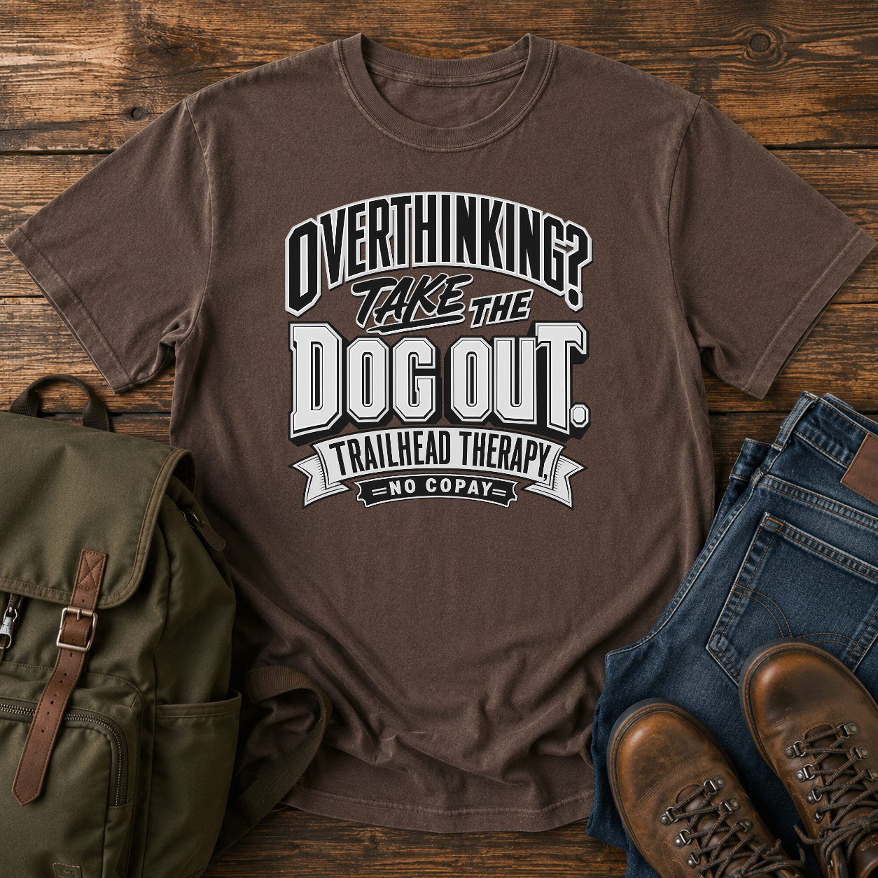 Dog Typographic lockup: OVERTHINKING? set as a bold condensed top line, TAKE THE t-shirt design
