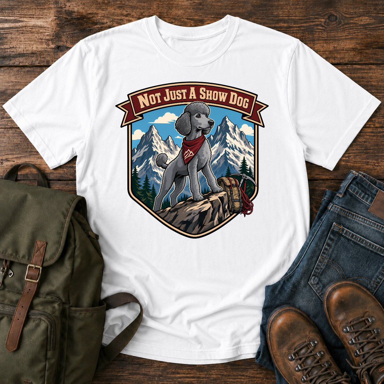 Standard Poodle in a sporty short clip cresting an alpine ridge wearing a bandana t-shirt design