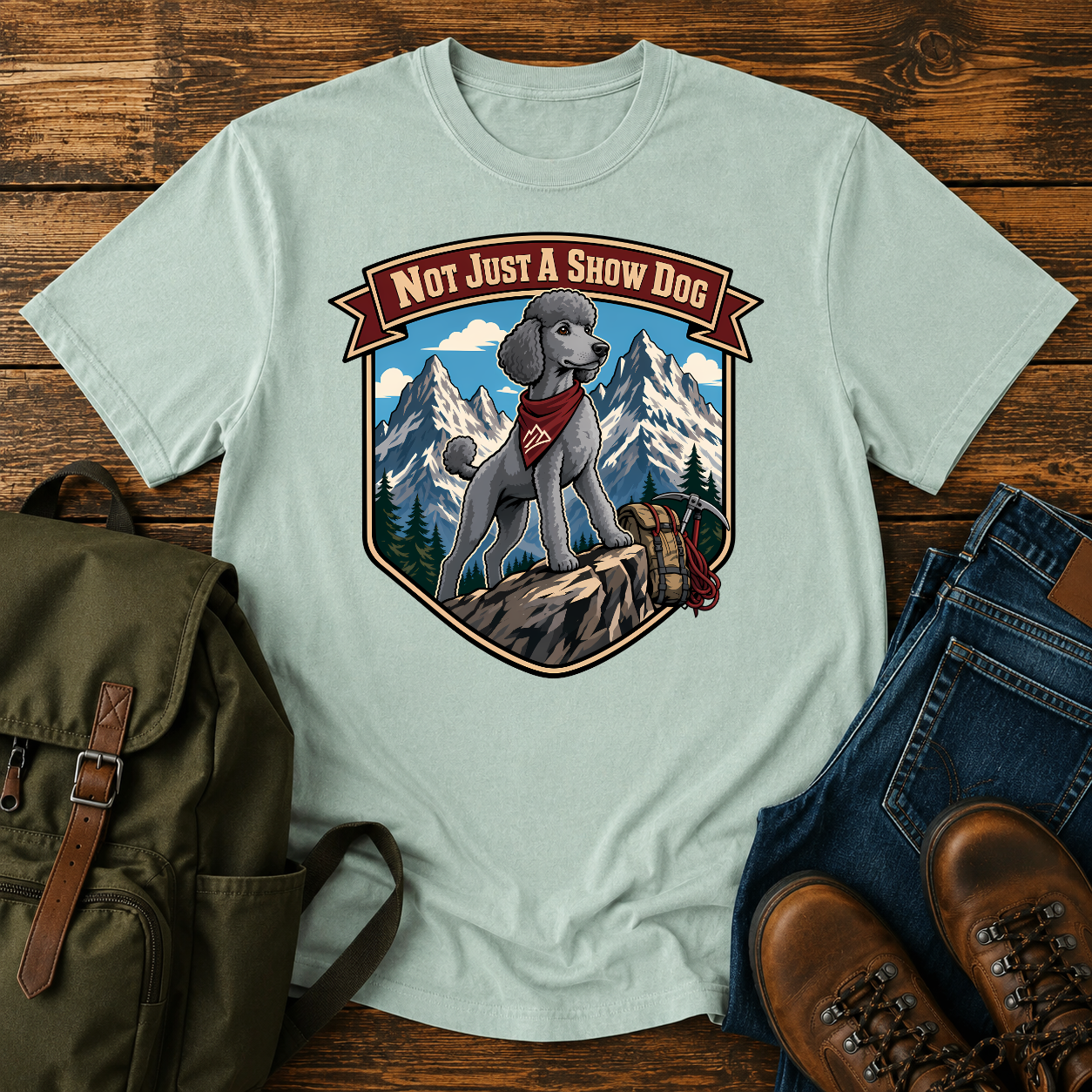 Standard Poodle in a sporty short clip cresting an alpine ridge wearing a bandana t-shirt design