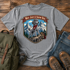Standard Poodle in a sporty short clip cresting an alpine ridge wearing a bandana t-shirt design