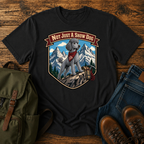 Standard Poodle in a sporty short clip cresting an alpine ridge wearing a bandana t-shirt design