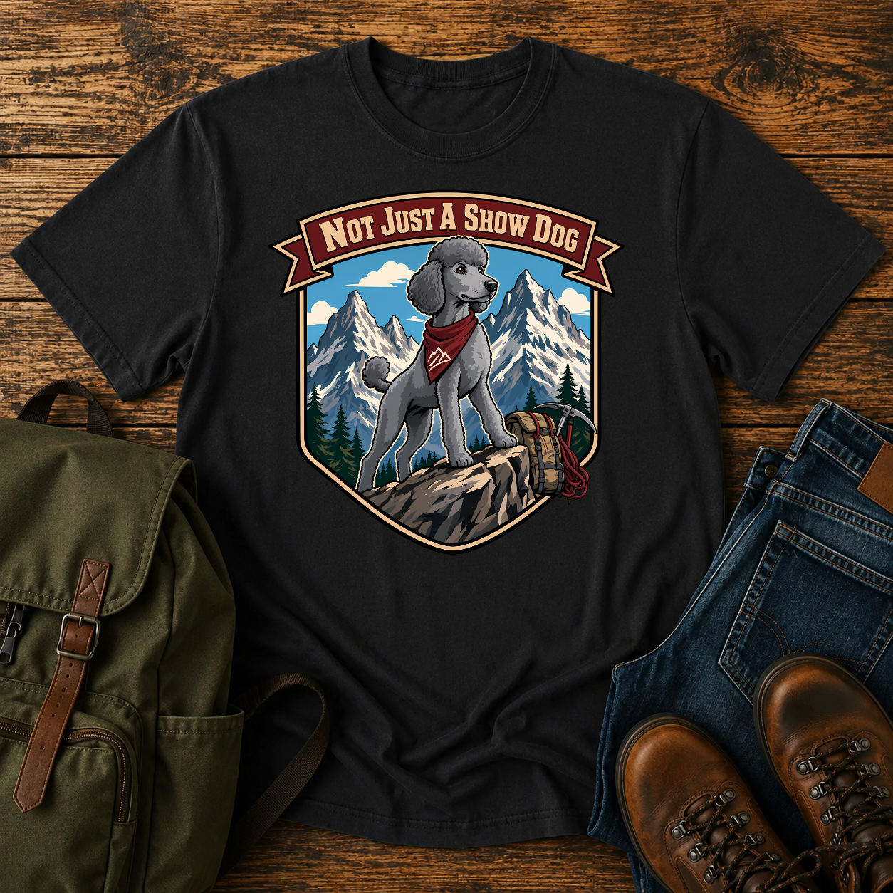 Standard Poodle in a sporty short clip cresting an alpine ridge wearing a bandana t-shirt design