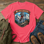 Standard Poodle in a sporty short clip cresting an alpine ridge wearing a bandana t-shirt design
