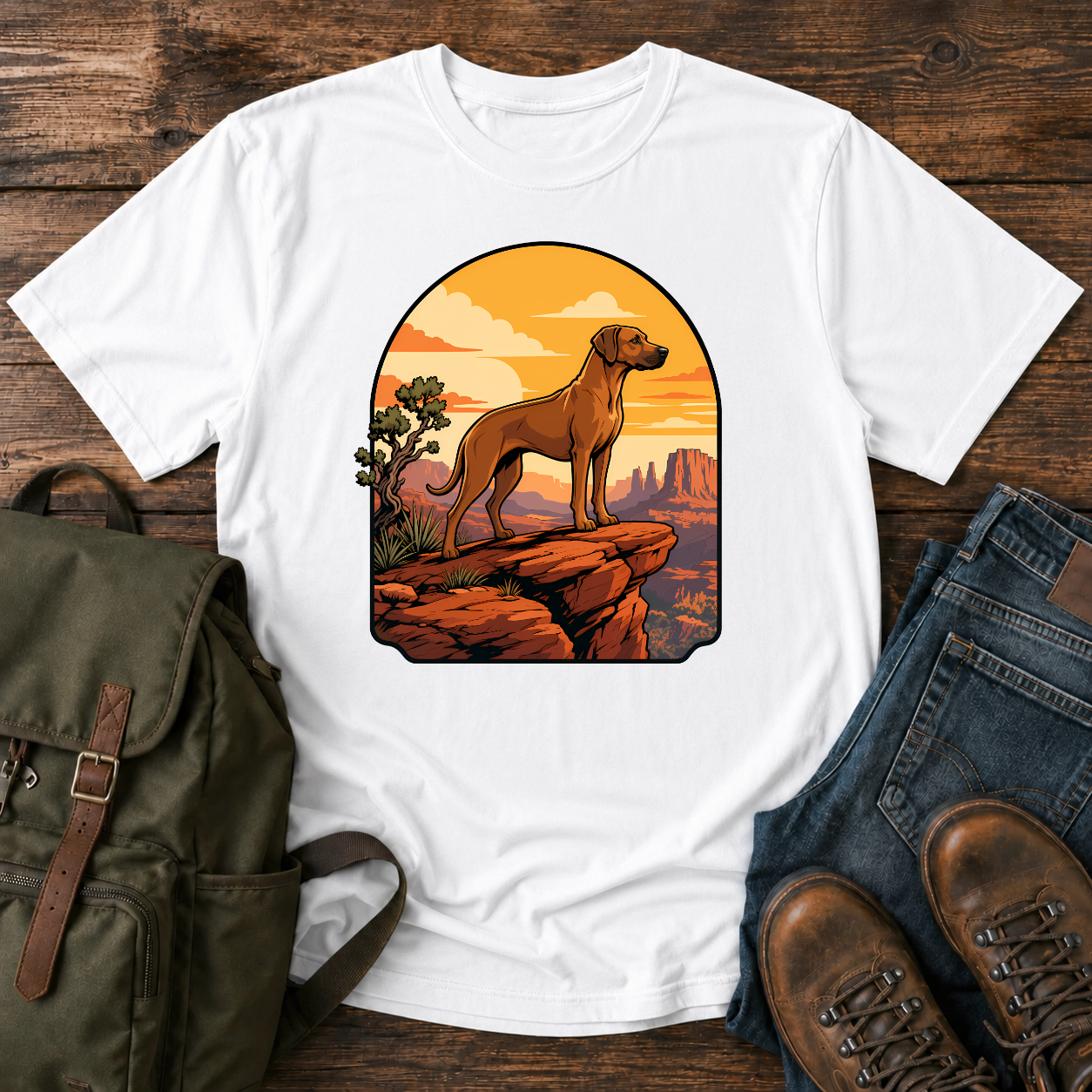 Rhodesian Ridgeback Wordless illustration: a lean Rhodesian Ridgeback in profile on a red-rock canyon t-shirt design