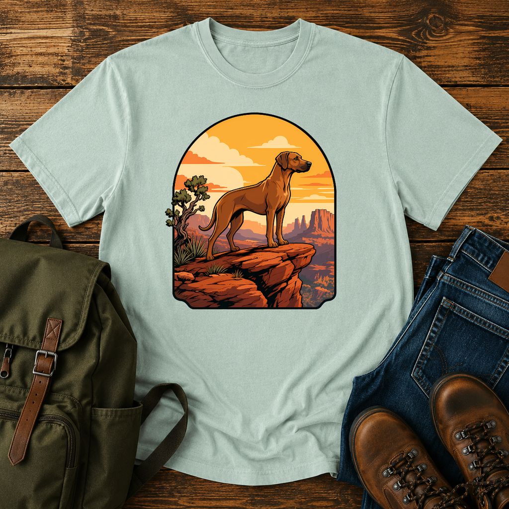 Rhodesian Ridgeback Wordless illustration: a lean Rhodesian Ridgeback in profile on a red-rock canyon t-shirt design