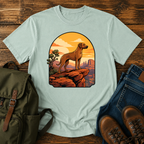 Rhodesian Ridgeback Wordless illustration: a lean Rhodesian Ridgeback in profile on a red-rock canyon t-shirt design