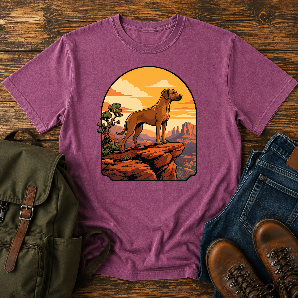 Rhodesian Ridgeback Wordless illustration: a lean Rhodesian Ridgeback in profile on a red-rock canyon t-shirt design
