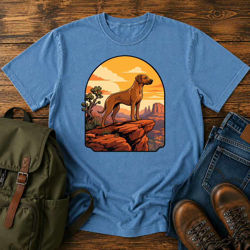 Rhodesian Ridgeback Wordless illustration: a lean Rhodesian Ridgeback in profile on a red-rock canyon t-shirt design