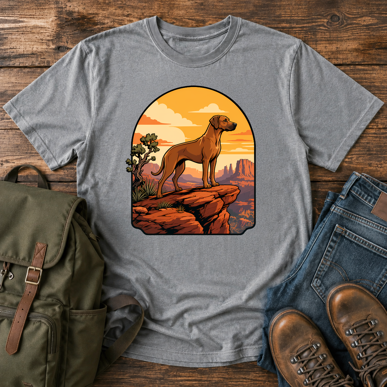 Rhodesian Ridgeback Wordless illustration: a lean Rhodesian Ridgeback in profile on a red-rock canyon t-shirt design