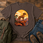 Rhodesian Ridgeback Wordless illustration: a lean Rhodesian Ridgeback in profile on a red-rock canyon t-shirt design